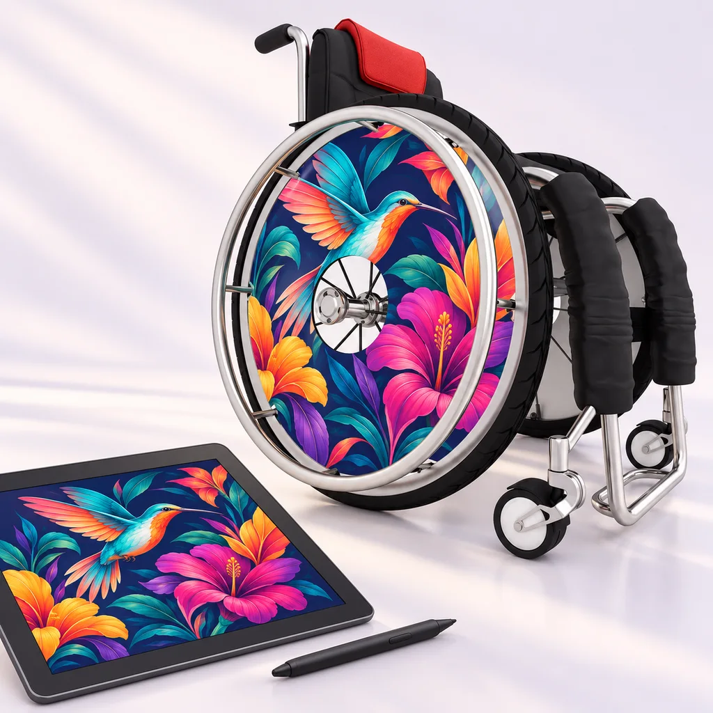 Example custom artwork on a tablet and matching wheelchair spoke guards