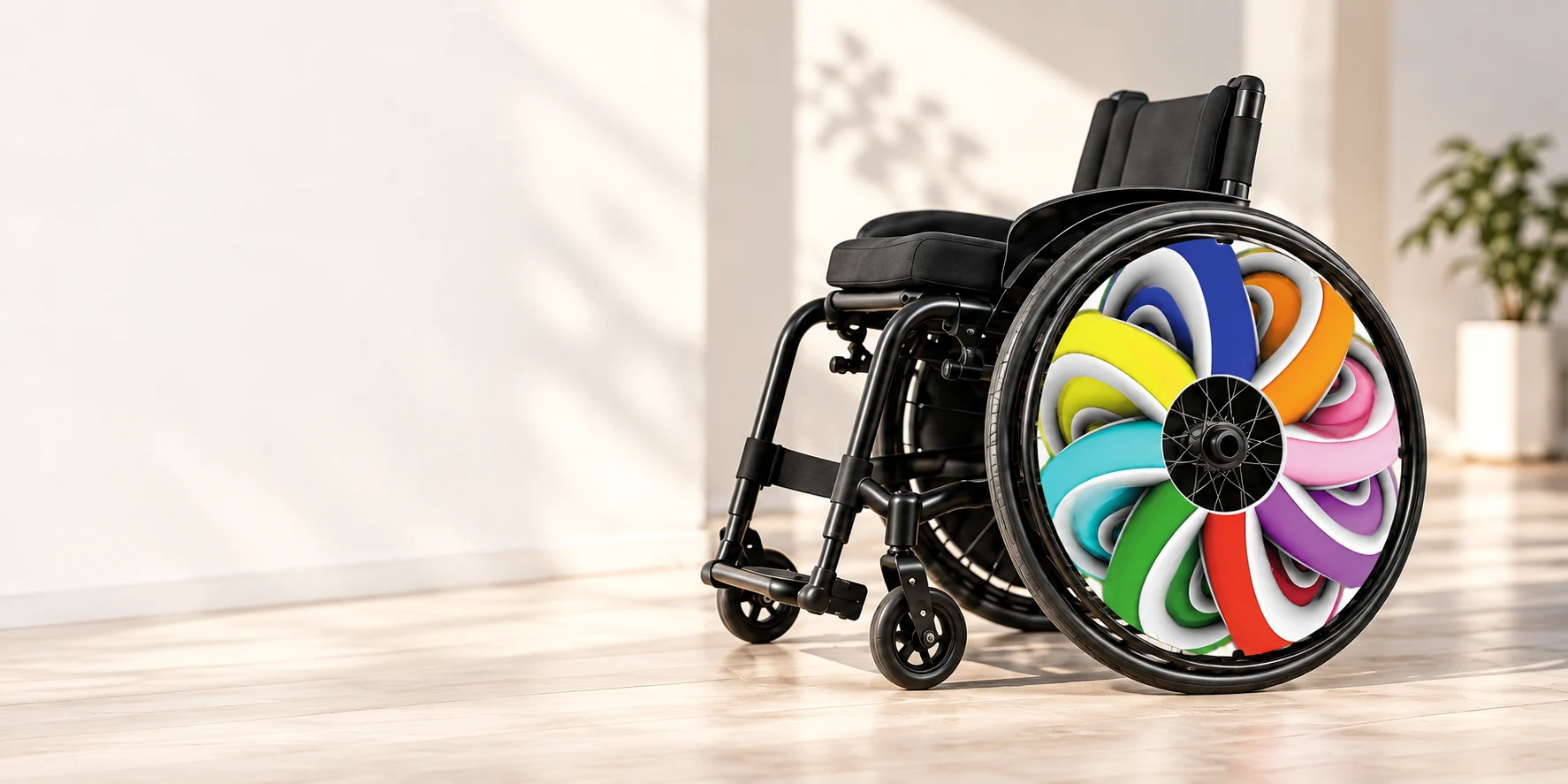 Visualization of a black wheelchair fitted with our colourful A-141 spoke guard design