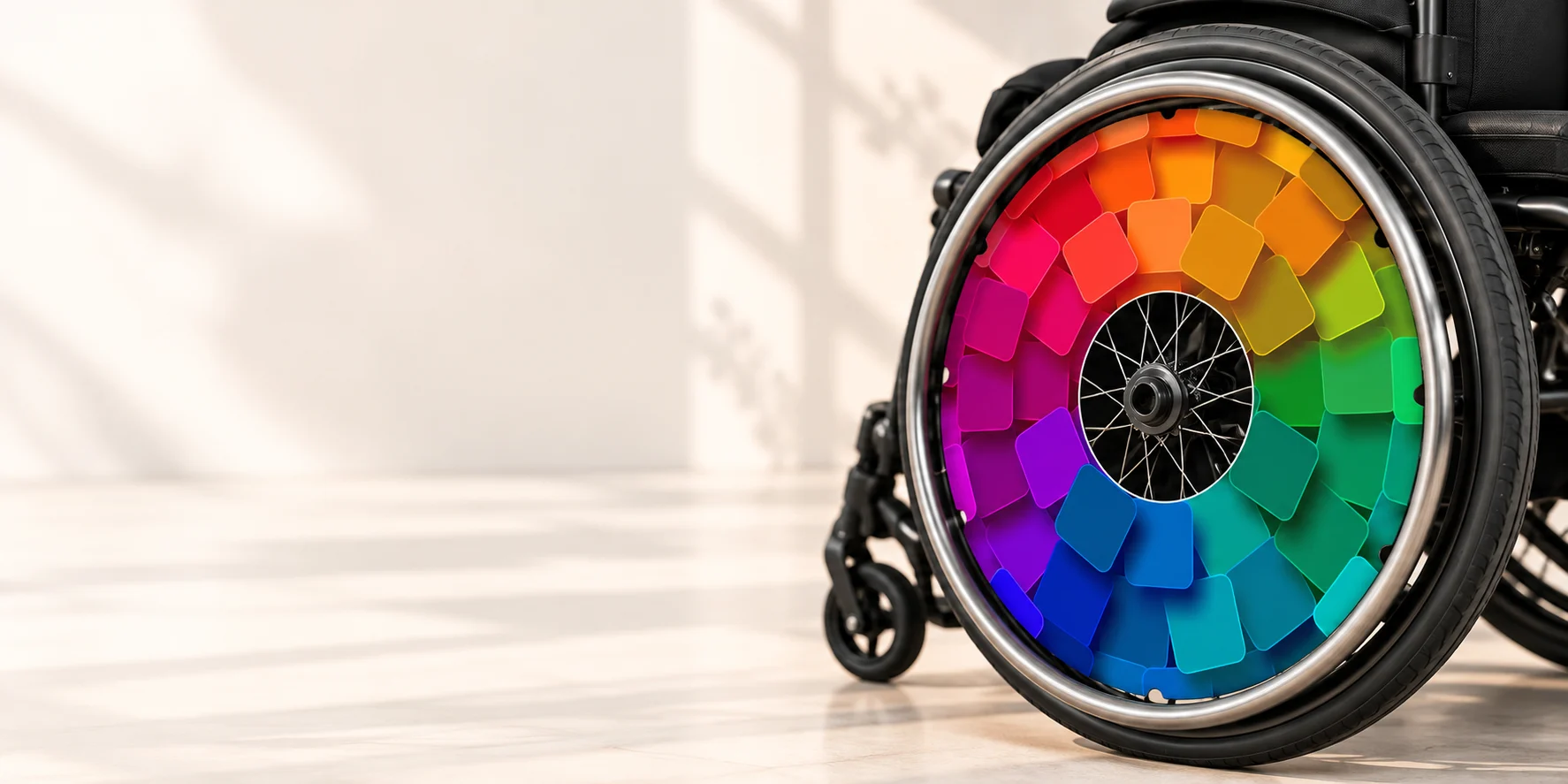 Close-up visualization of our A-216 spoke guard design fitted to a wheelchair wheel